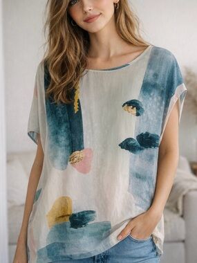 ELK Silk Abstract Frankenthaler Inspired Blouse Oversized Artsy Top US 12